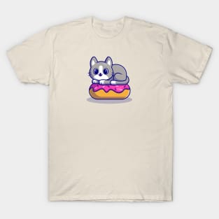 Cute Cat With Doughnut Cartoon T-Shirt